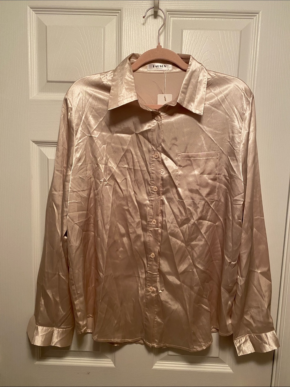 Pausus Beige Satin Button Down Dress Blouse …size L